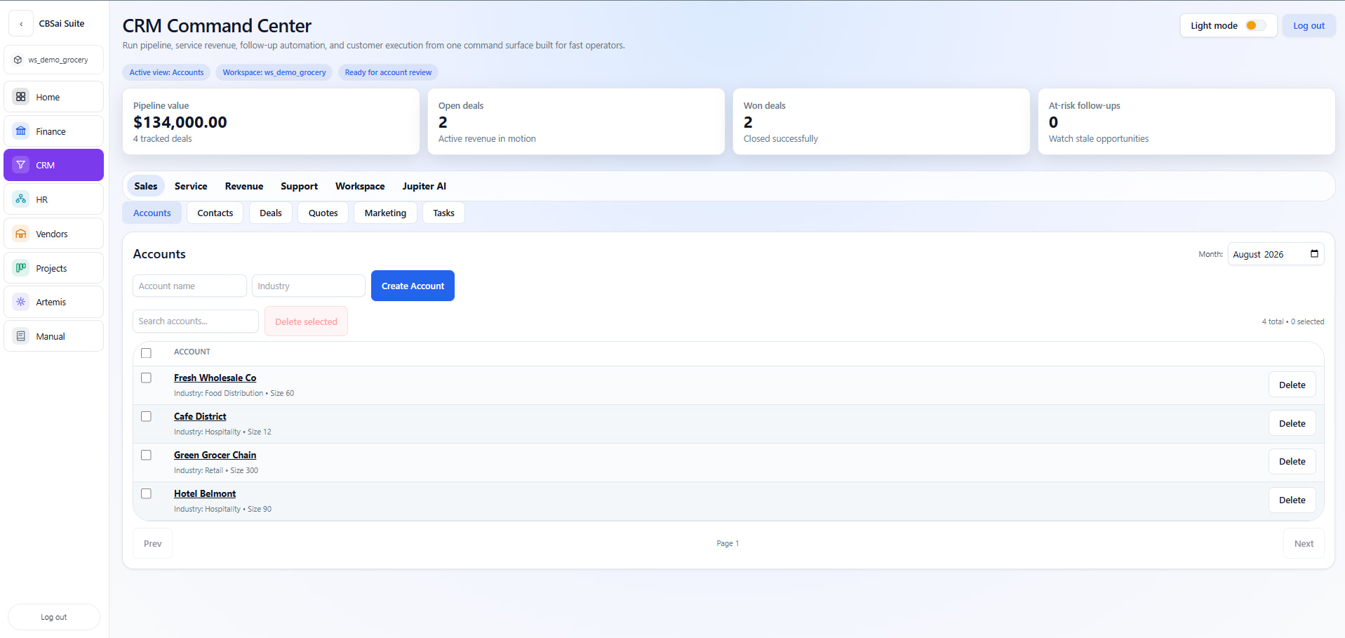 CBSai CRM Command Center showing pipeline value, open and won deals, at-risk follow-ups, and an accounts list with Sales, Service, Revenue, Support, Workspace and Jupiter AI tabs.